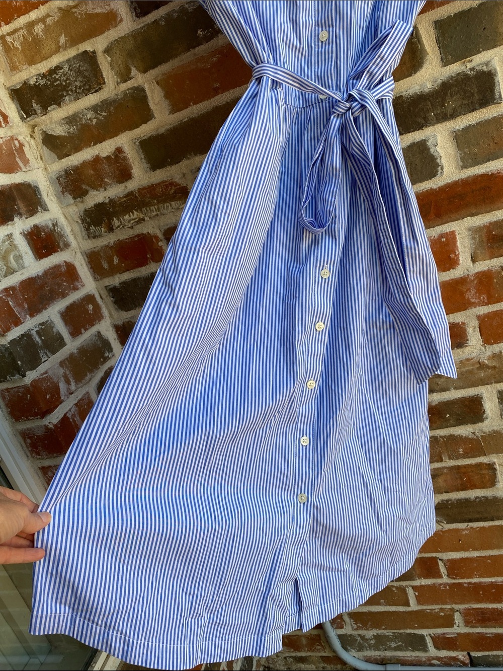 J. Crew Blue and White Striped Midi Shirt Dress w/pockets & self belt - Picture 9 of 16